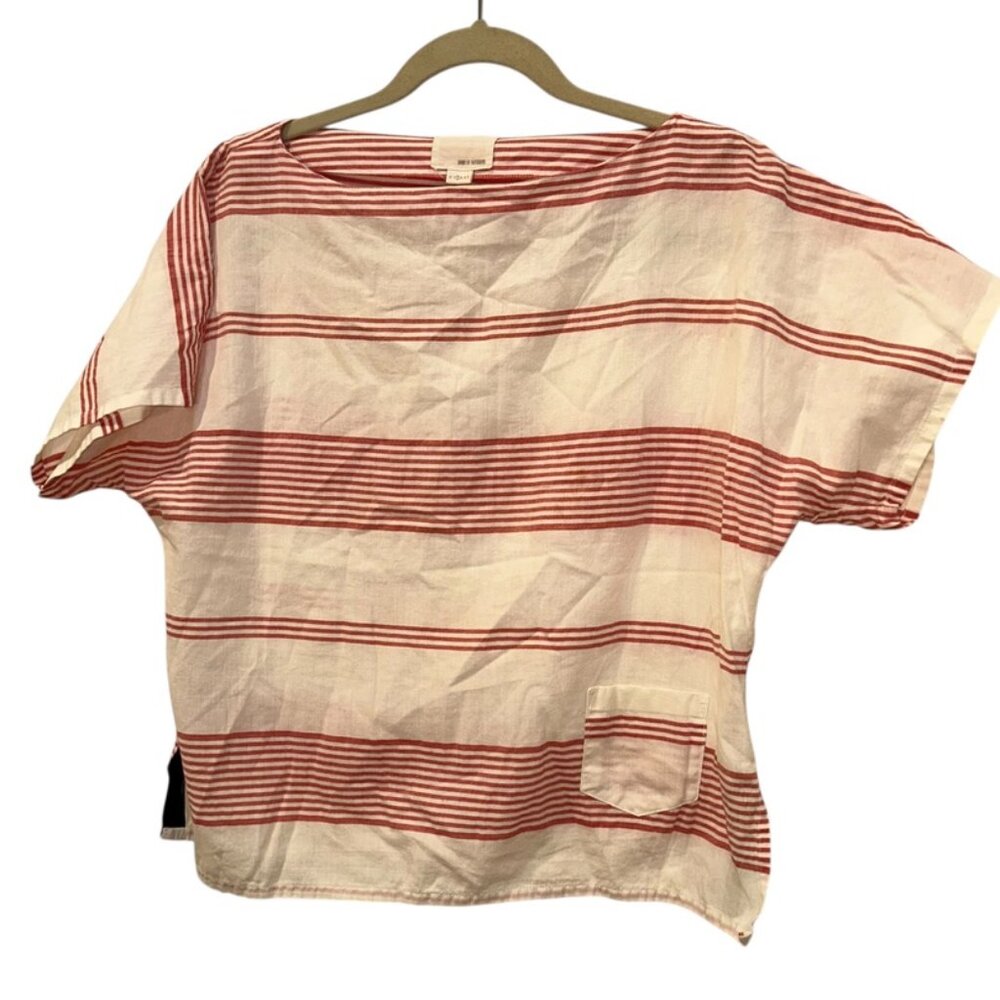 Band of Outsiders red cream awning stripes caftan sleeve top M